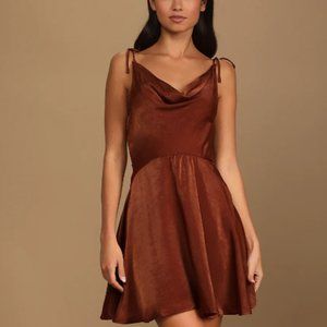 Lulu's Party with Prosecco Rust Brown Satin Tie-Back Mini Dress